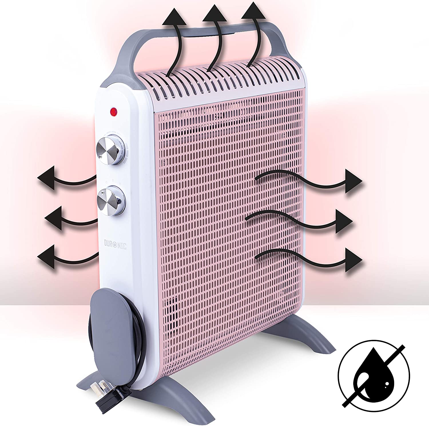 Duronic HV180 Radiador Eléctrico Compacto con Paneles de Mica 1800 W | Mostrando el radiador de mica en color blanco con rejilla frontal de tono rosado, destacando mediante flechas curvas la radiación de calor bidireccional y ascendente, el recogecable lateral y un icono inferior que advierte que no debe utilizarse en zonas húmedas o mojadas