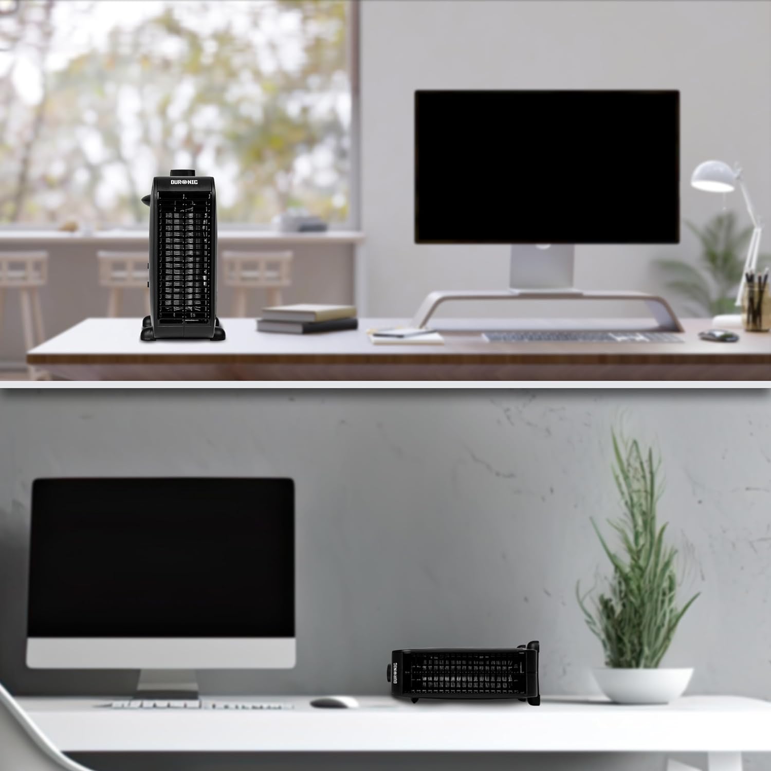 Duronic HV21 Calefactor Eléctrico 2000 W, Posición Vertical u Horizontal | Mostrando el calefactor eléctrico colocado en un escritorio en dos orientaciones diferentes: en posición vertical junto a un monitor de ordenador (arriba) y en posición horizontal frente a un ordenador (abajo)