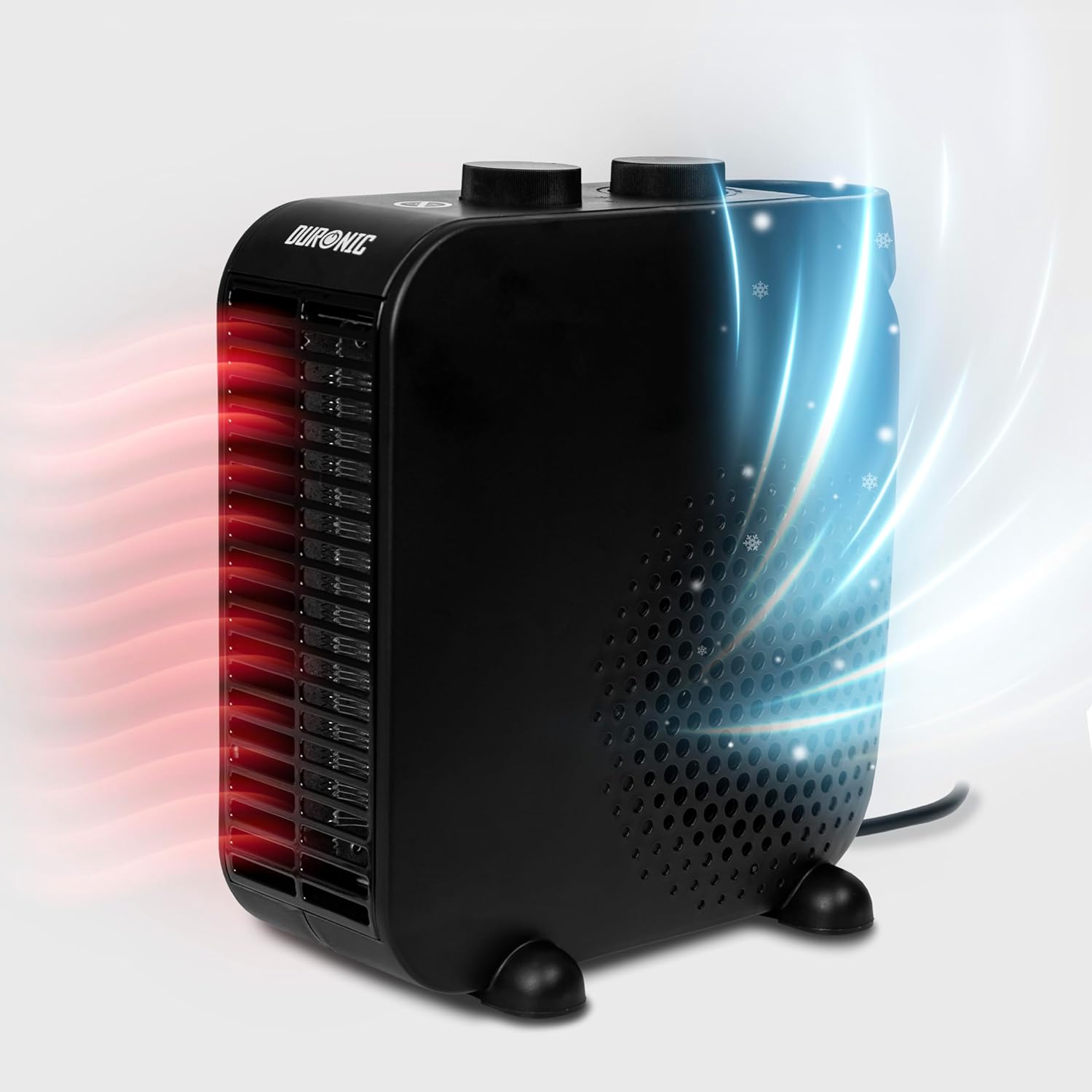 Duronic HV21 Calefactor Eléctrico 2000 W, Posición Vertical u Horizontal | Mostrando el calefactor eléctrico en posición vertical con el logotipo de Duronic en la parte superior, perillas de control y ondas visuales de aire caliente en rojo y aire frío con copos de nieve en azul