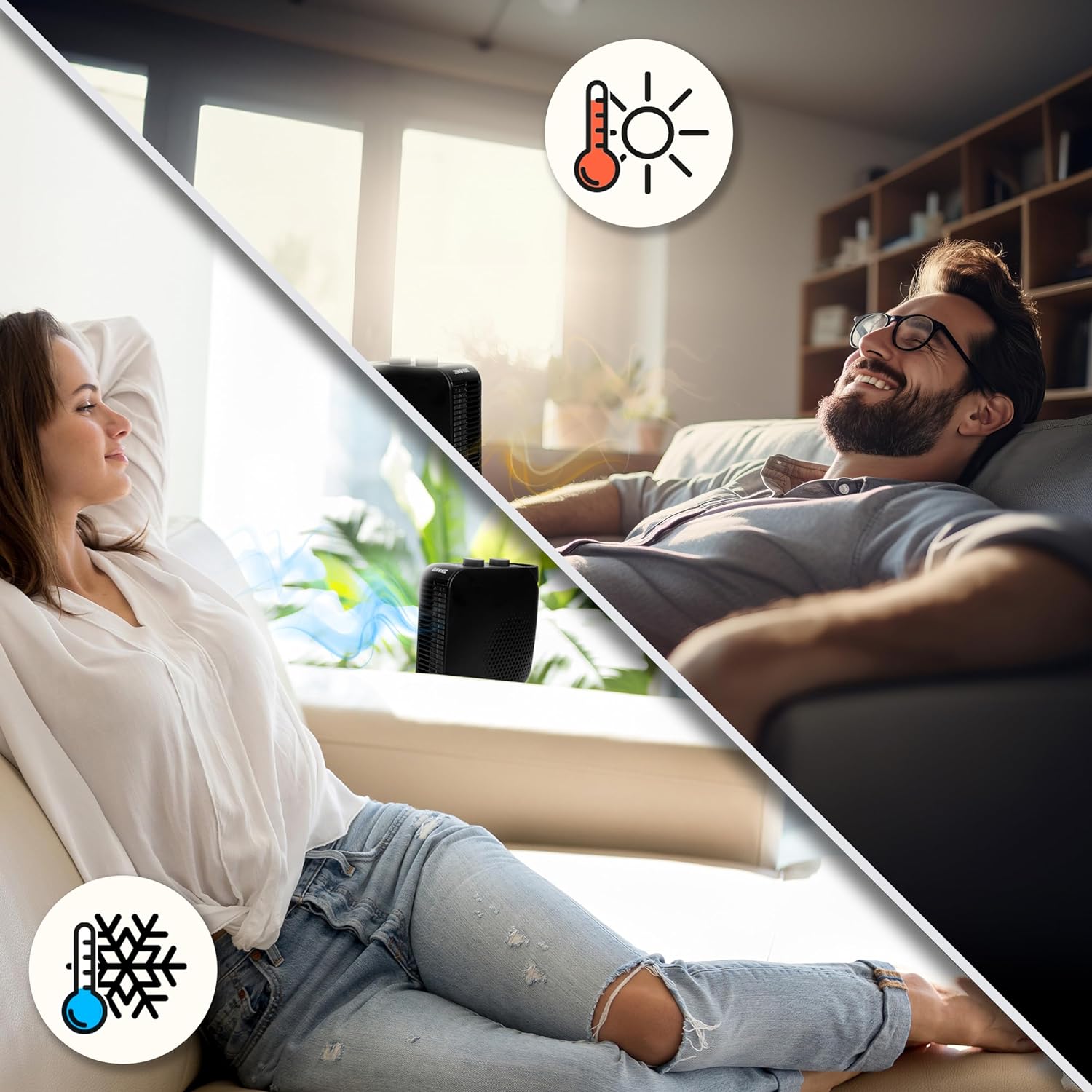 Duronic HV21 Calefactor Eléctrico 2000 W, Posición Vertical u Horizontal | Mostrando el calefactor eléctrico en uso dentro de un hogar, dividido en dos escenarios: una mujer disfrutando de aire fresco con el icono de frío abajo a la izquierda, y un hombre relajado con el calefactor emitiendo calor y el icono de temperatura alta arriba en el centro