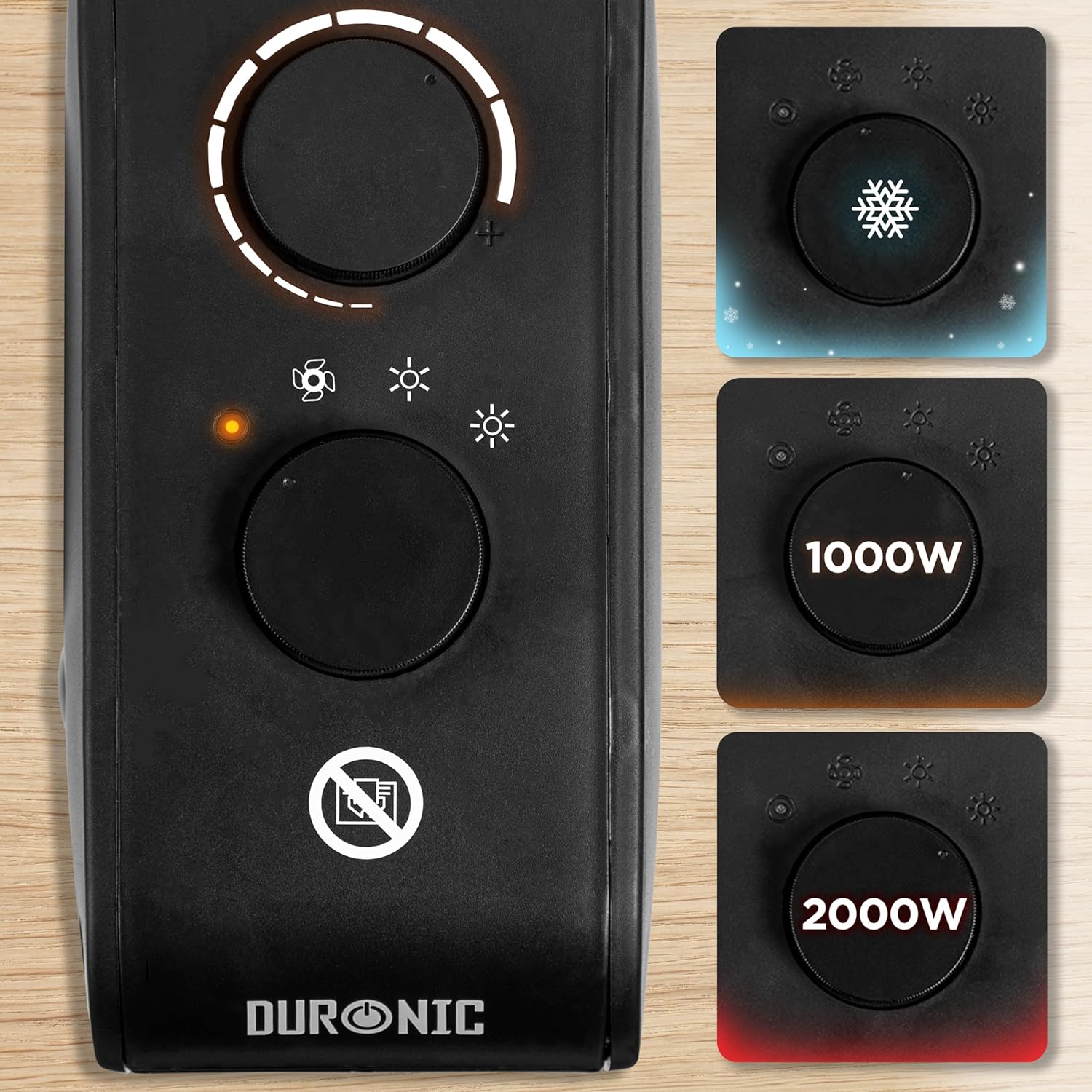 Duronic HV21 Calefactor Eléctrico 2000 W, Posición Vertical u Horizontal | Mostrando el panel de control del calefactor eléctrico con perillas giratorias, el logotipo de Duronic en la parte inferior y tres paneles laterales que detallan los modos de funcionamiento: ventilador de aire frío, calor bajo a 1000 W y calor alto a 2000 W