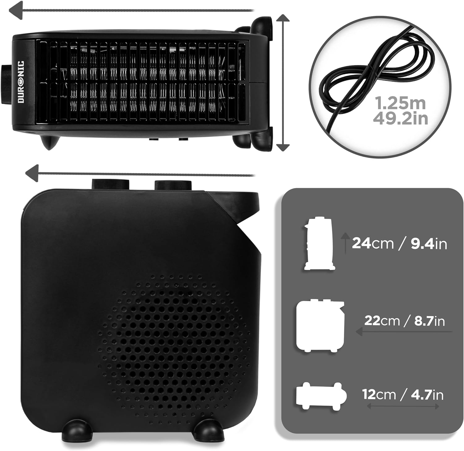 Duronic HV21 Calefactor Eléctrico 2000 W, Posición Vertical u Horizontal | Mostrando las dimensiones del calefactor eléctrico (24 cm / 9.4 in de alto, 22 cm / 8.7 in de ancho y 12 cm / 4.7 in de profundidad), junto con un círculo superior que destaca la longitud de su cable de alimentación de 1.25 m / 49.2 in