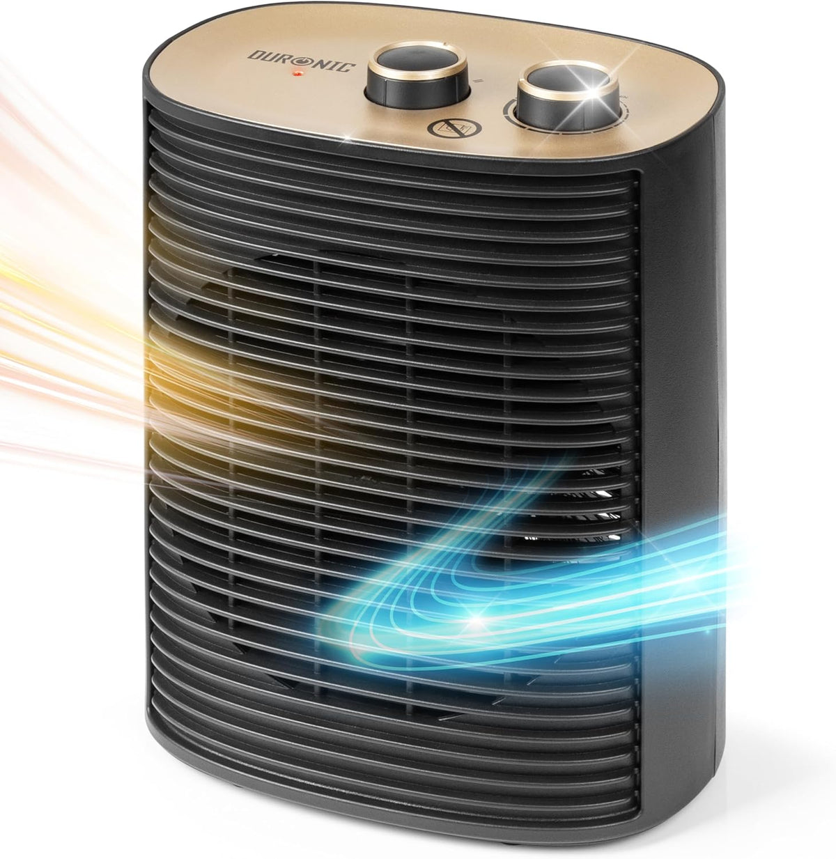 Duronic HV32 BK, Termoventilador 2000 W, Calefactor Eléctrico Bajo Consumo | Mostrando el termoventilador de diseño compacto en color negro con detalles dorados en la parte superior, rejilla frontal de lamas horizontales y efectos visuales de aire cálido (naranja) y frío (azul) emanando del dispositivo, además de los diales de control superiores
