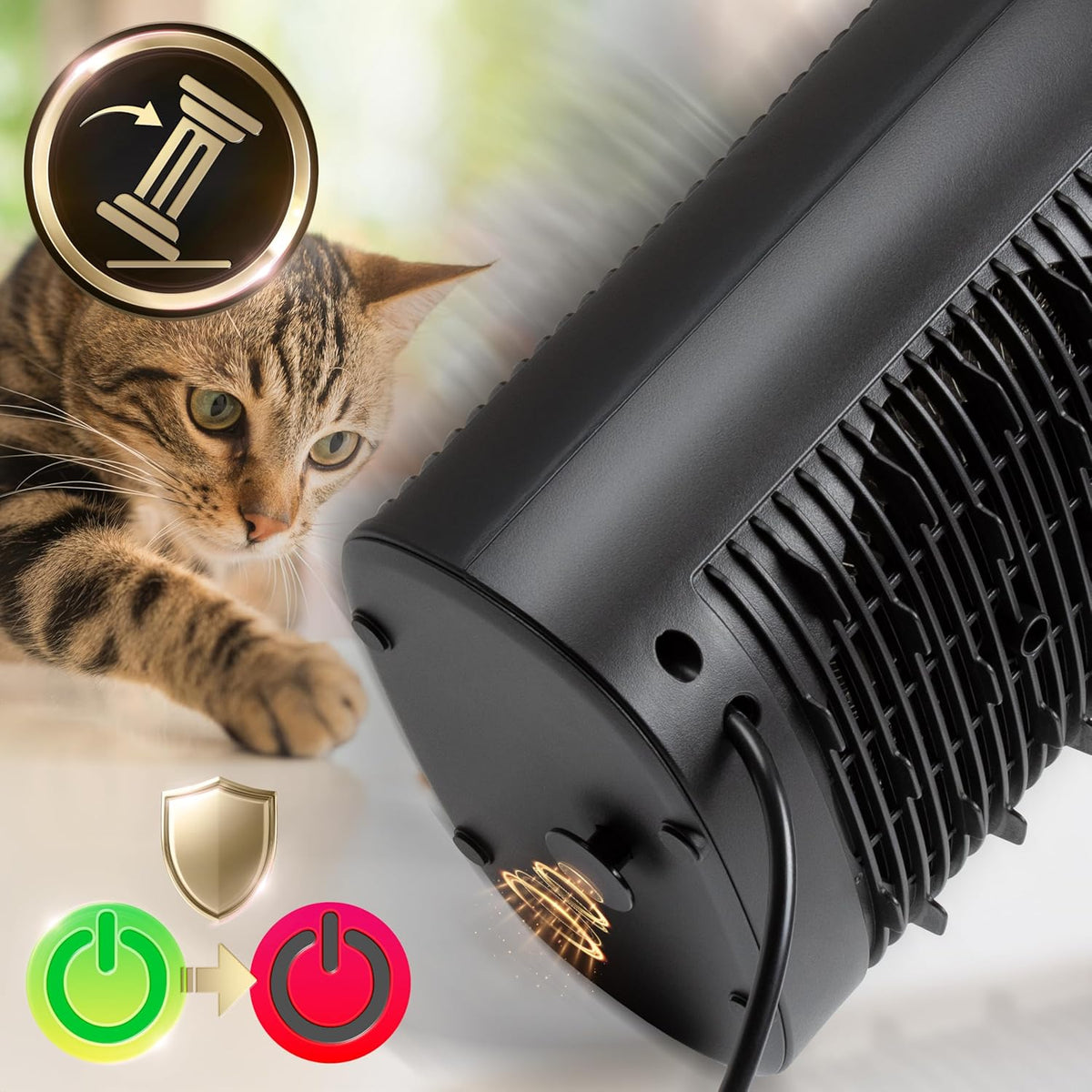 Duronic HV32 BK, Termoventilador 2000 W, Calefactor Eléctrico Bajo Consumo | Mostrando un primer plano de la base inferior del termoventilador negro, donde se aprecian los pies de apoyo y el sistema de seguridad antivuelco (interruptor de seguridad que apaga el aparato en caso de caída), mientras un curioso gato observa de cerca