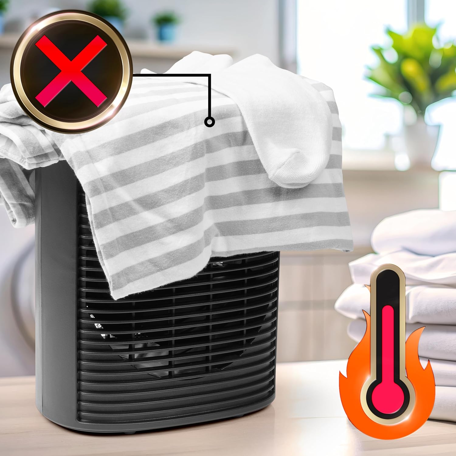 Duronic HV32 BK, Termoventilador 2000 W, Calefactor Eléctrico Bajo Consumo | Mostrando una advertencia de seguridad importante: ropa y una toalla colocadas encima del termoventilador con una cruz roja de prohibición que indica que nunca se debe cubrir el aparato, acompañado de un icono de temperatura alta