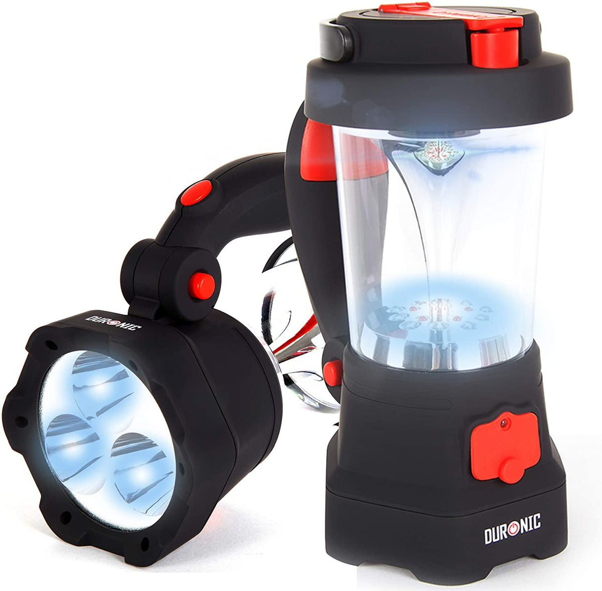 Duronic Hurricane Linterna con Dinamo y USB, 10 LED, Señal de Emergencia | Mostrando la linterna de emergencia en color negro y rojo, con el faro frontal encendido y orientado hacia adelante, y la lámpara central tipo farol iluminada