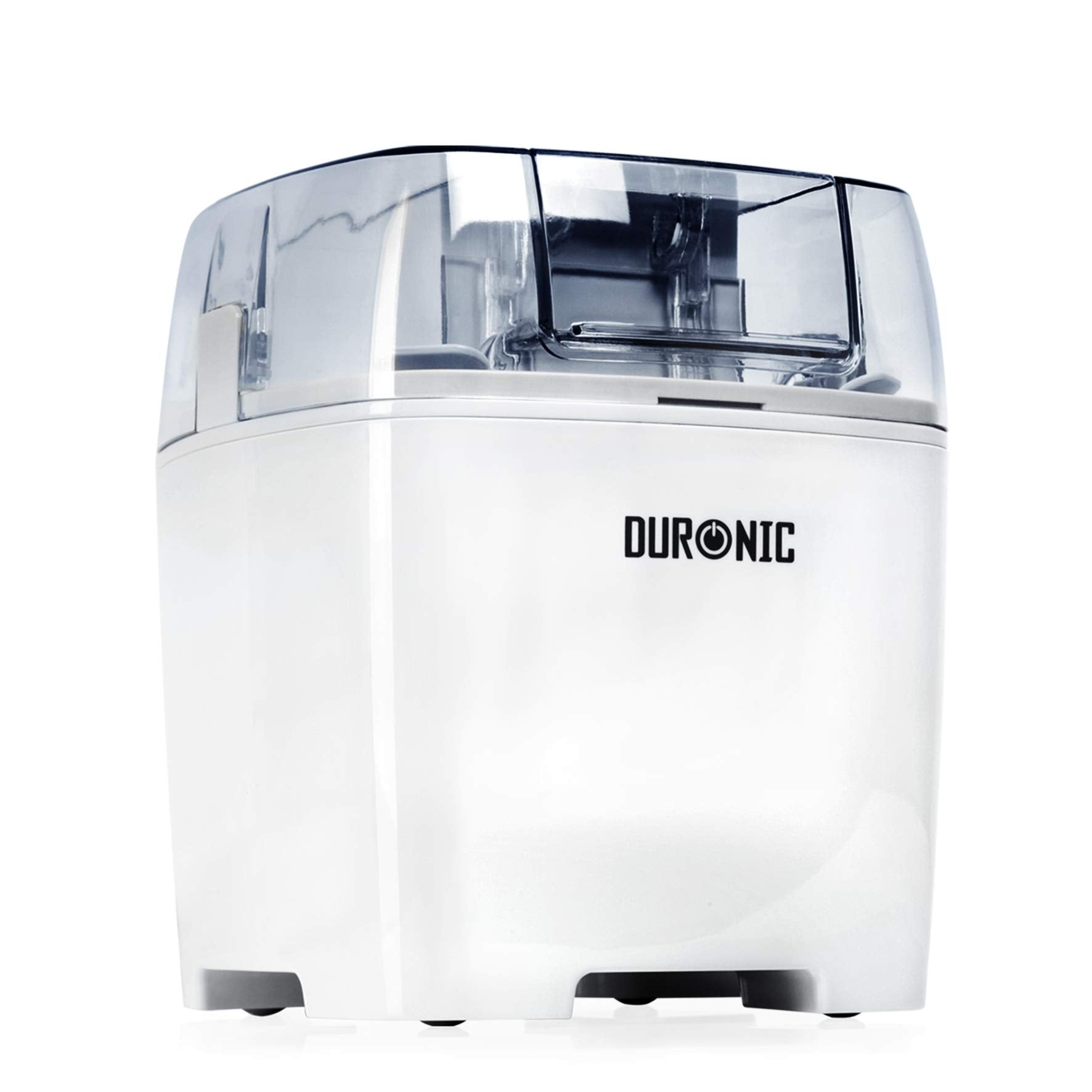 Duronic IM540 Heladera con Bol de Congelación de 1.5L | Mostrando la heladera eléctrica de color blanco con carcasa compacta y tapa superior transparente con abertura para verter ingredientes