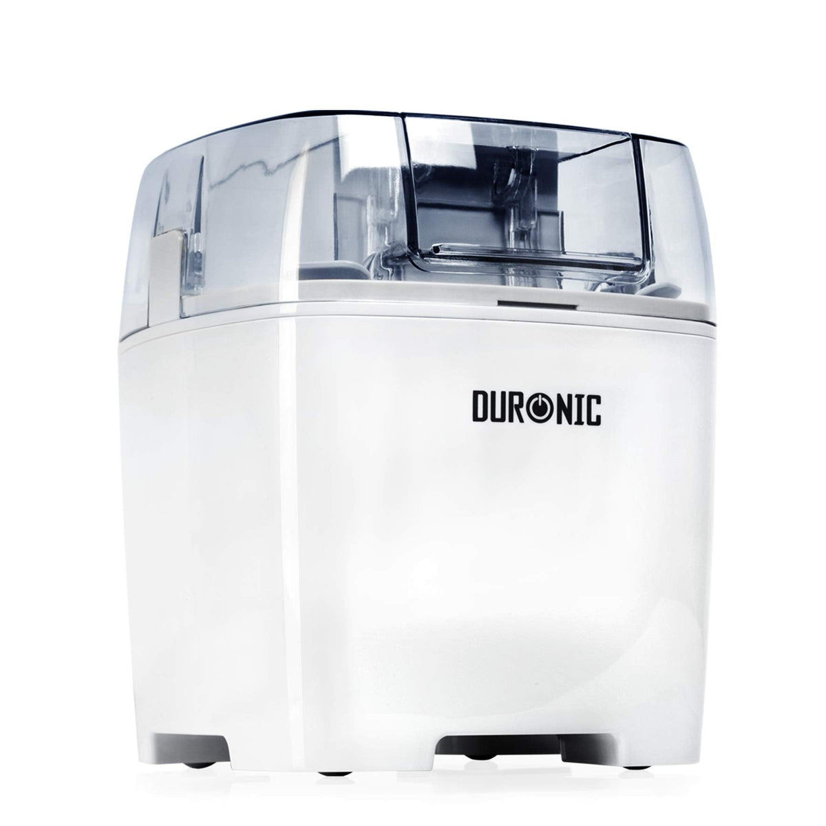 Duronic IM540 Heladera con Bol de Congelación de 1.5L | Mostrando la heladera eléctrica de color blanco con carcasa compacta y tapa superior transparente con abertura para verter ingredientes