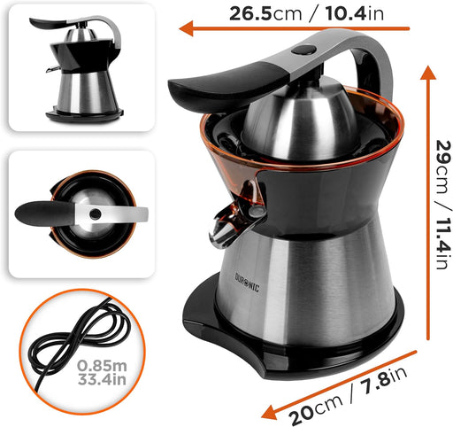 Duronic JE304 Exprimidor de Naranjas Eléctrico 300 W, Depósito BPA Free | Mostrando las dimensiones del exprimidor eléctrico (29 cm / 11.4 in de alto, 26.5 cm / 10.4 in de ancho y 20 cm / 7.8 in de profundidad), junto con recuadros que muestran el aparato desde diferentes ángulos y la longitud de su cable de alimentación de 0.85 m / 33.4 in