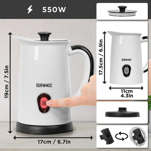 Duronic MF130 Espumador de leche - Prepara espuma Caliente o Fría, 550W, Base Inalámbrica 360°, Capacidad de 130 ml para espumar y 240 ml para calentar, Seguro y Fácil de Limpiar | Mostrando un diagrama técnico con las dimensiones del espumador de leche blanco, indicando una altura total de 19 cm / 7.5 in, un ancho de base de 17 cm / 6.7 in y los accesorios de los batidores intercambiables