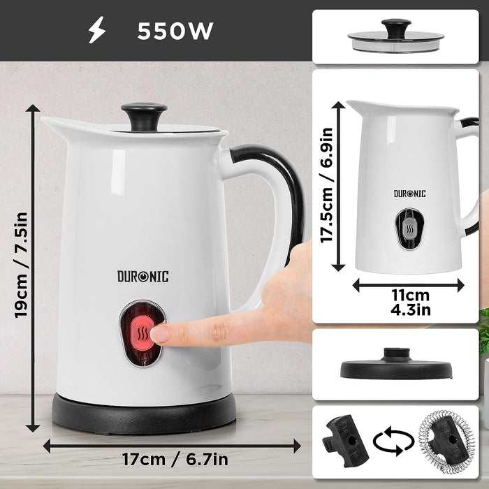 Duronic MF130 Espumador de leche - Prepara espuma Caliente o Fría, 550W, Base Inalámbrica 360°, Capacidad de 130 ml para espumar y 240 ml para calentar, Seguro y Fácil de Limpiar | Mostrando un diagrama técnico con las dimensiones del espumador de leche blanco, indicando una altura total de 19 cm / 7.5 in, un ancho de base de 17 cm / 6.7 in y los accesorios de los batidores intercambiables