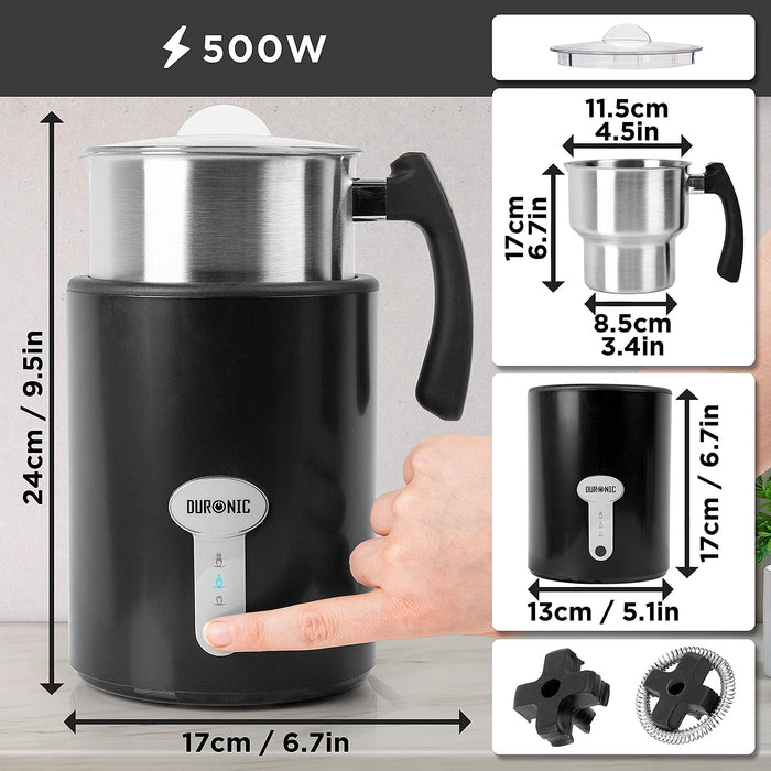 Duronic MF500 BK Espumador de leche automático eléctrico Ilustrando las dimensiones del aparato de 24 x 17 cm, el tamaño de la jarra (17 x 11.5 x 8.5 cm), la base (17 x 13 cm), los 500W de potencia y los dos accesorios mezcladores