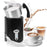 Duronic MF500 BK Espumador de leche automático eléctrico Mostrando el espumador de leche principal con jarra de acero inoxidable, tapa transparente y tres tazas de café y chocolate con leche al lado