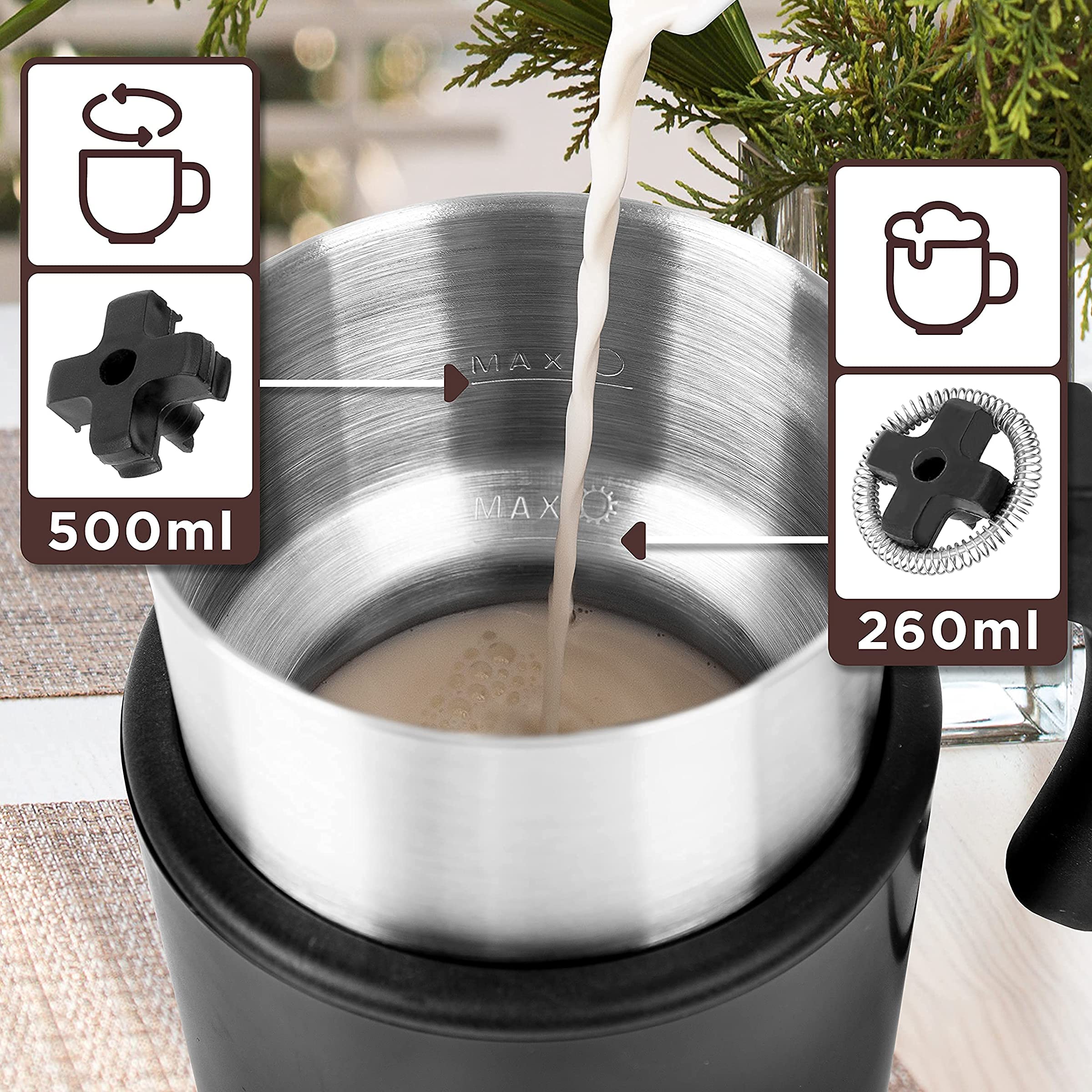 Duronic MF500 BK Espumador de leche automático eléctrico Mostrando el funcionamiento del aparato con indicadores luminosos para opciones de bebidas calientes y frías