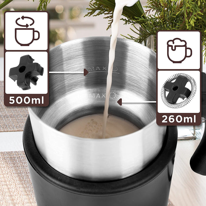Duronic MF500 BK Espumador de leche automático eléctrico Mostrando el funcionamiento del aparato con indicadores luminosos para opciones de bebidas calientes y frías