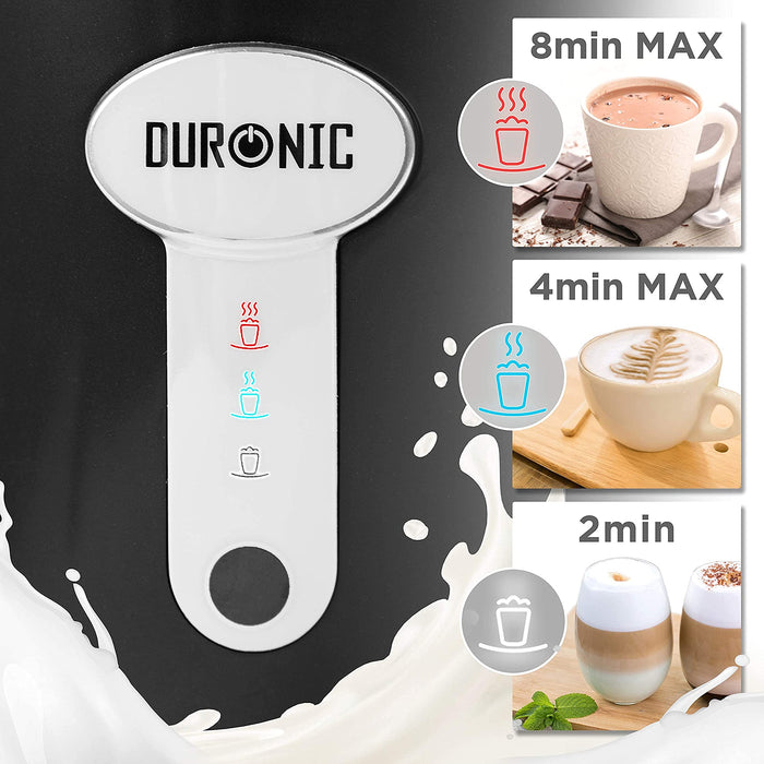 Duronic MF500 BK Espumador de leche automático eléctrico Mostrando el panel de control de un toque y los tiempos máximos de preparación: 8 minutos para chocolate, 4 minutos para espumar y 2 minutos para leche fría