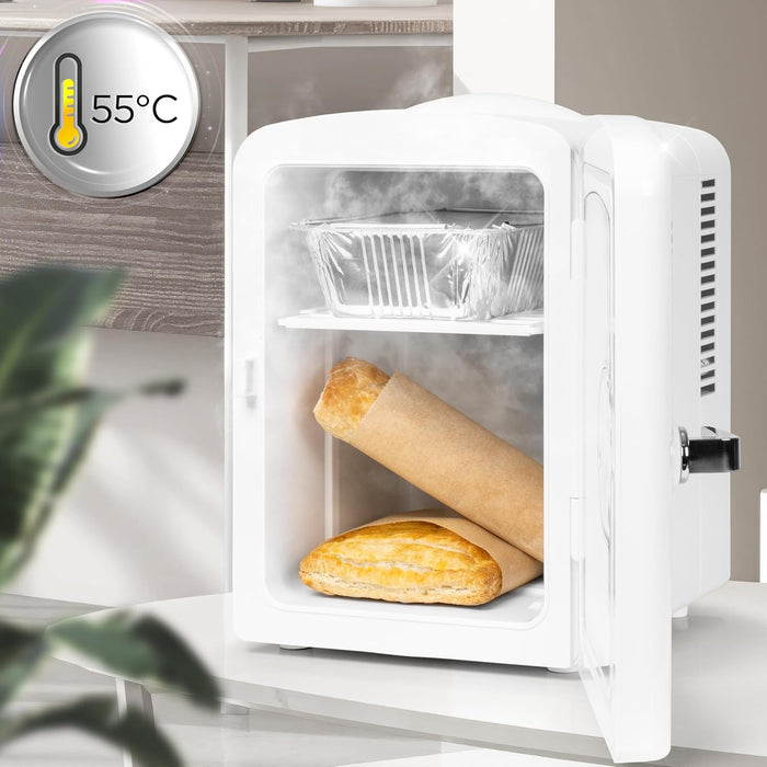 Duronic MFW4 WE Mini Enfriador Portátil Mostrando la función de calentamiento del mini refrigerador alcanzando hasta 55 °C con comida caliente en bandejas y recipientes de papel en su interior