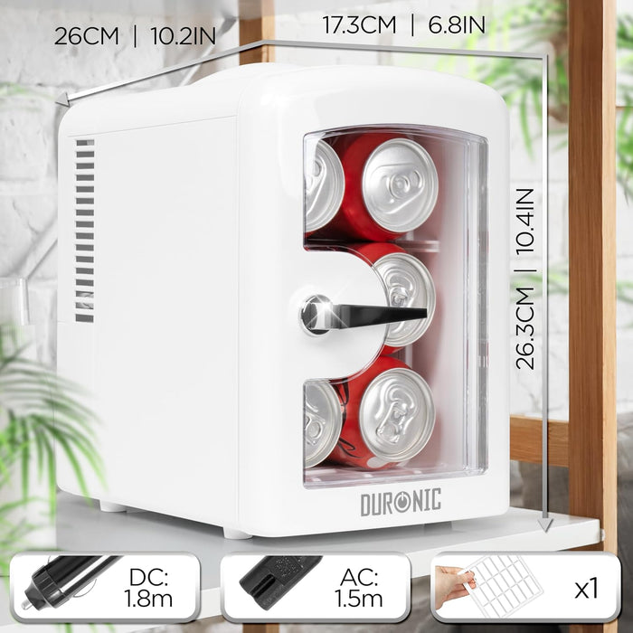 Duronic MFW4 WE Mini Enfriador Portátil Mostrando las medidas internas del compartimento de 4 litros (20.5 cm de alto, 14 cm de ancho y 13.5 cm de profundidad) con yogures y verduras organizadas