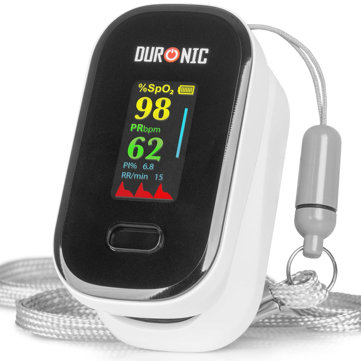 Duronic OX02 Pulsioxímetro de Dedo Profesional, Medición SpO2 y Pulso | Mostrando el pulsioxímetro de dedo en color blanco y negro con pantalla OLED a color encendida, mostrando una saturación de oxígeno del 98%, frecuencia de pulso de 62 bpm, índice de perfusión y frecuencia respiratoria, acompañado de un cordón gris para el cuello
