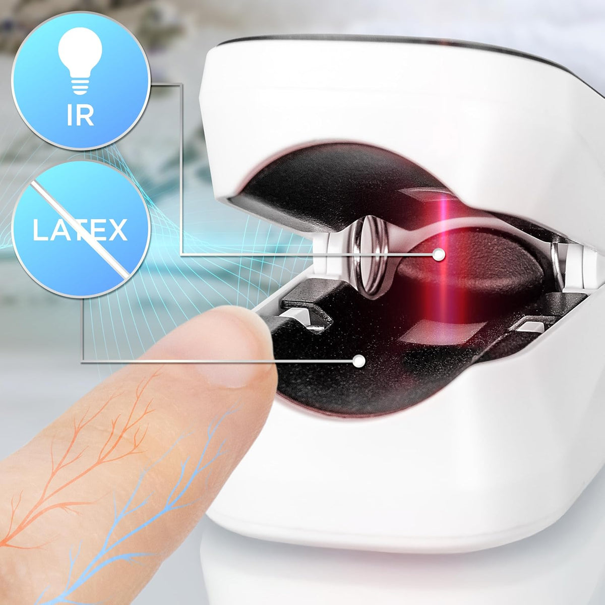 Duronic OX02 Pulsioxímetro de Dedo Profesional, Medición SpO2 y Pulso | Mostrando un primer plano del interior del pulsioxímetro abierto, destacando la tecnología de infrarrojos (IR) con un haz de luz roja para la medición y los materiales libres de látex en las almohadillas de soporte para el dedo