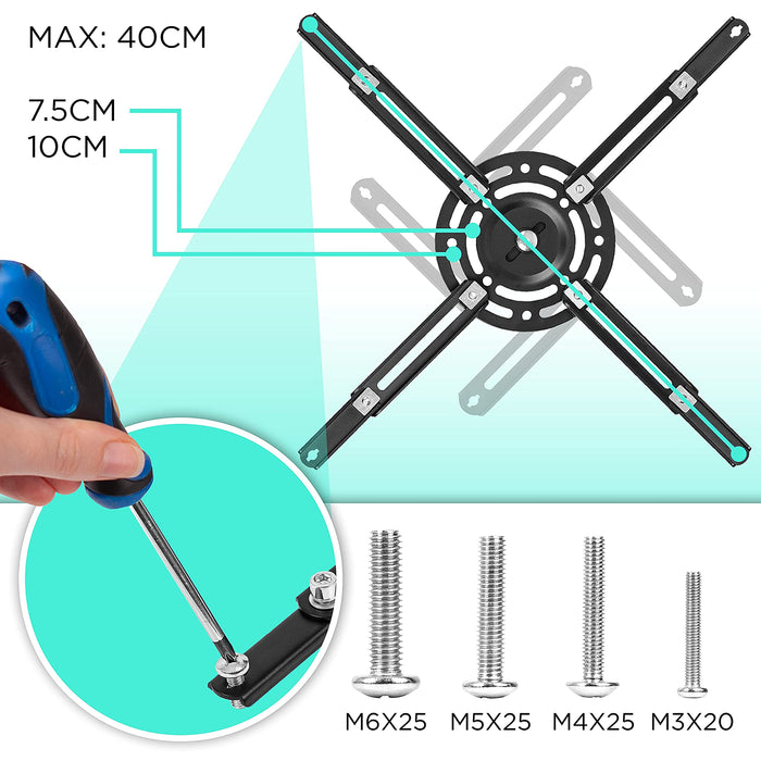 Duronic PB03XB Soporte para Proyector de Techo y Pared, Universal | Mostrando los brazos ajustables del soporte con una apertura máxima de 40 cm y distancias de montaje de 7.5 cm y 10 cm, un detalle de una mano utilizando un destornillador para fijar los tornillos, y los diferentes tamaños de tornillos incluidos (M6X25, M5X25, M4X25 y M3X20)
