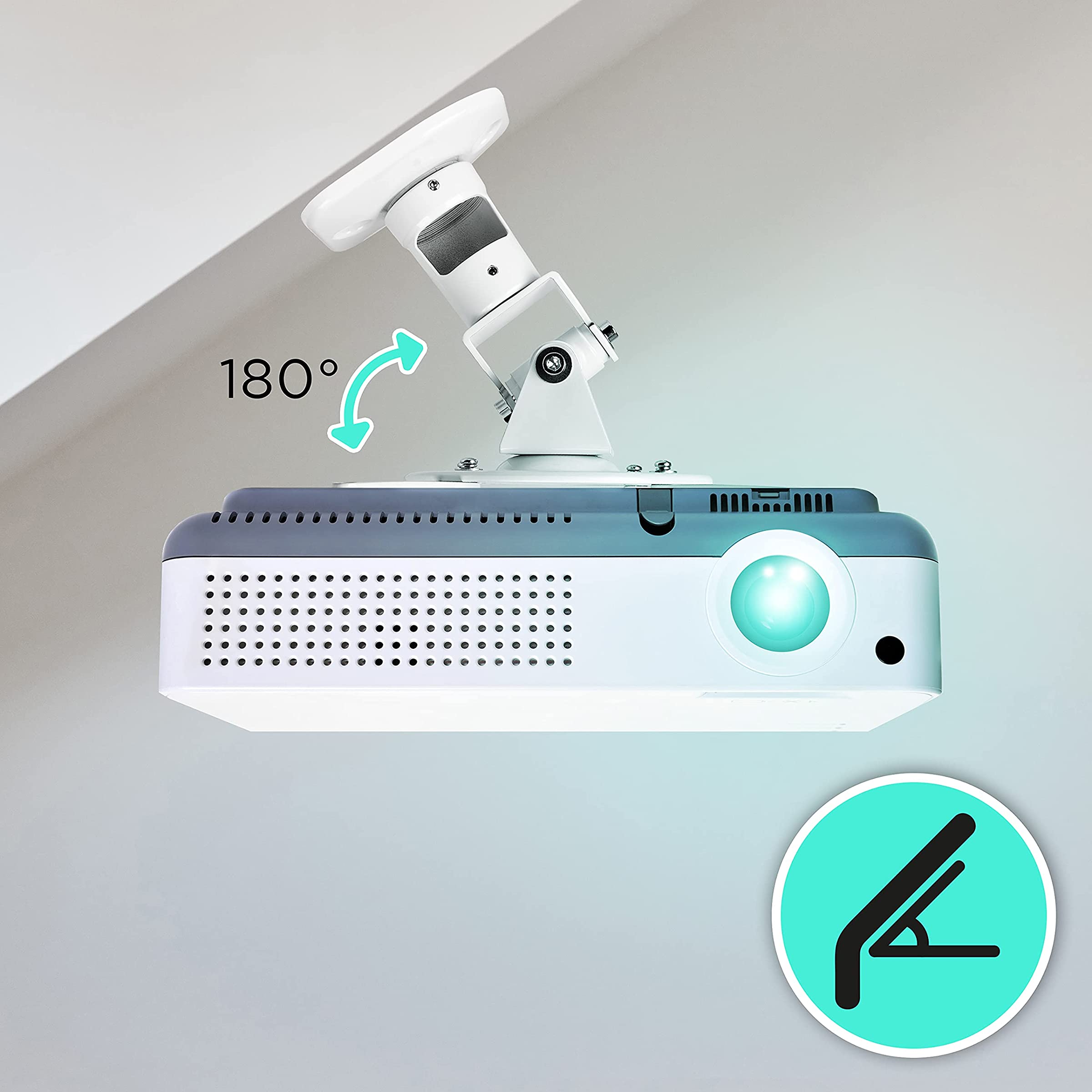 Duronic PB07XB Soporte para Proyector de Techo y Pared, Universal | Mostrando el soporte instalado en un techo inclinado, destacando su versatilidad y ángulo de ajuste de 180° para adaptarse a diferentes superficies de montaje
