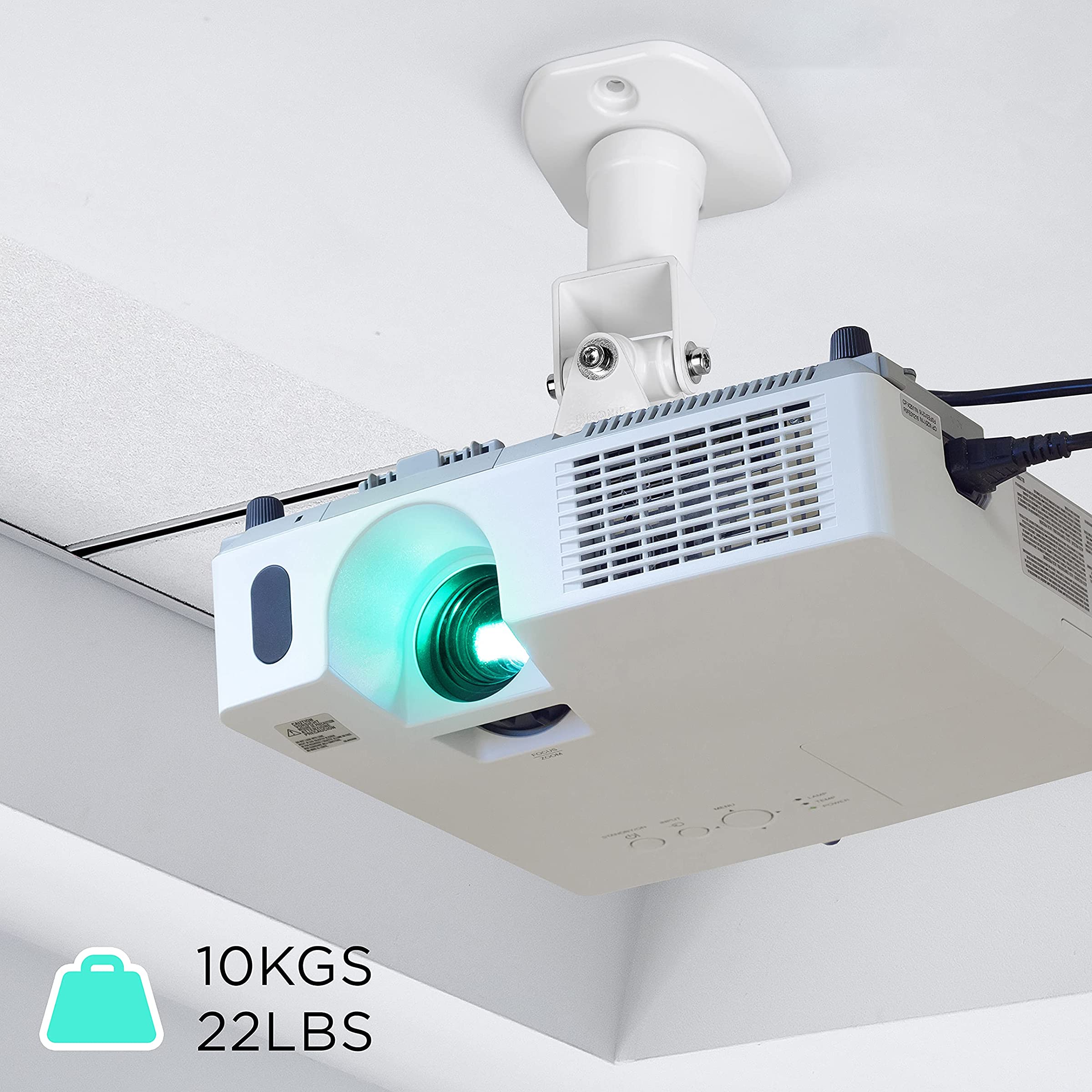 Duronic PB07XB Soporte para Proyector de Techo y Pared, Universal | Mostrando el soporte instalado en un techo plano con un proyector montado, destacando su capacidad de carga máxima de hasta 10 kg (22 lbs)
