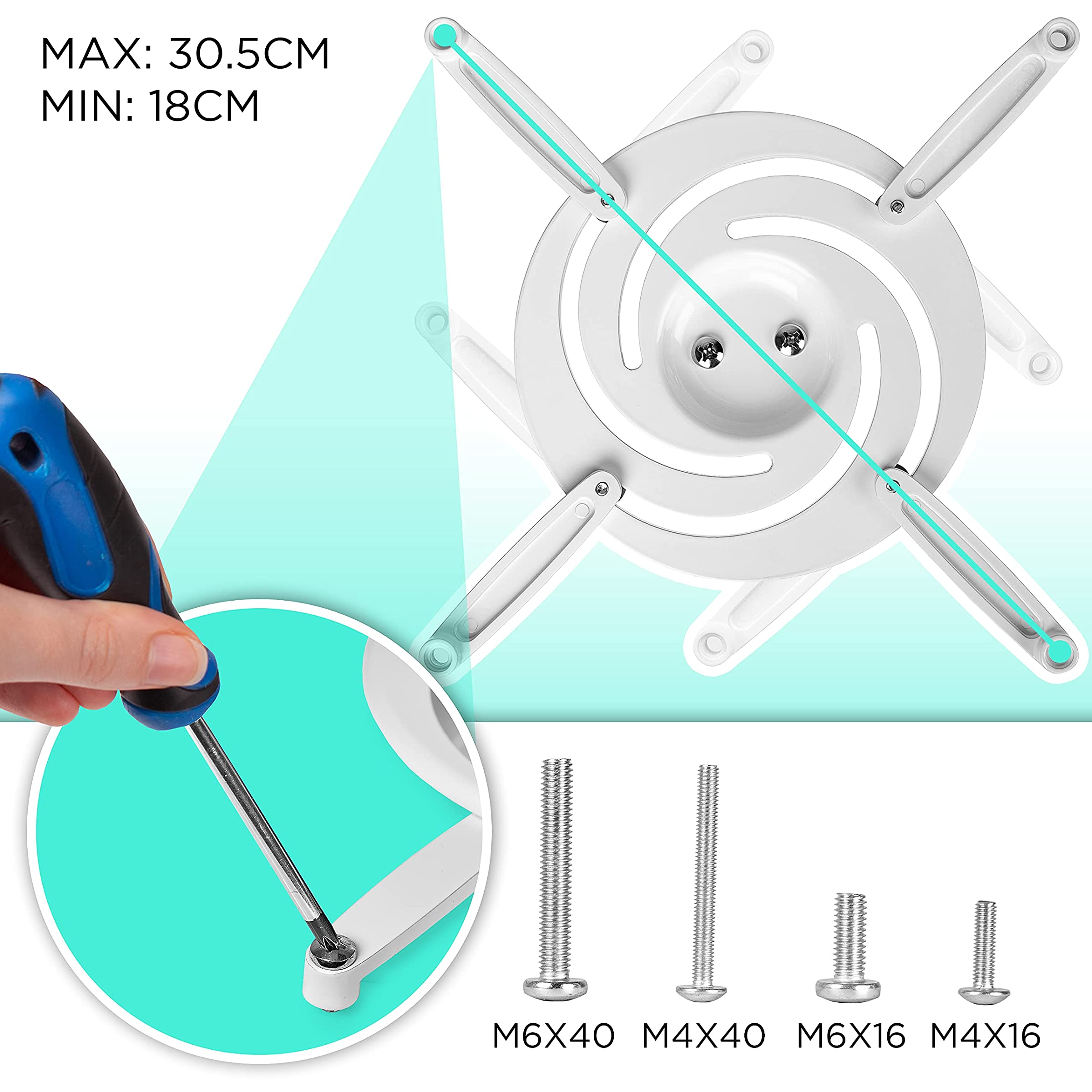 Duronic PB07XB Soporte para Proyector de Techo y Pared, Universal | Mostrando los detalles de montaje del soporte en color blanco, destacando los brazos ajustables con un diámetro máximo de 30.5 cm y mínimo de 18 cm, junto con los tornillos incluidos (M6X40, M4X40, M6X16 y M4X16) y una mano utilizando un destornillador para fijar los componentes