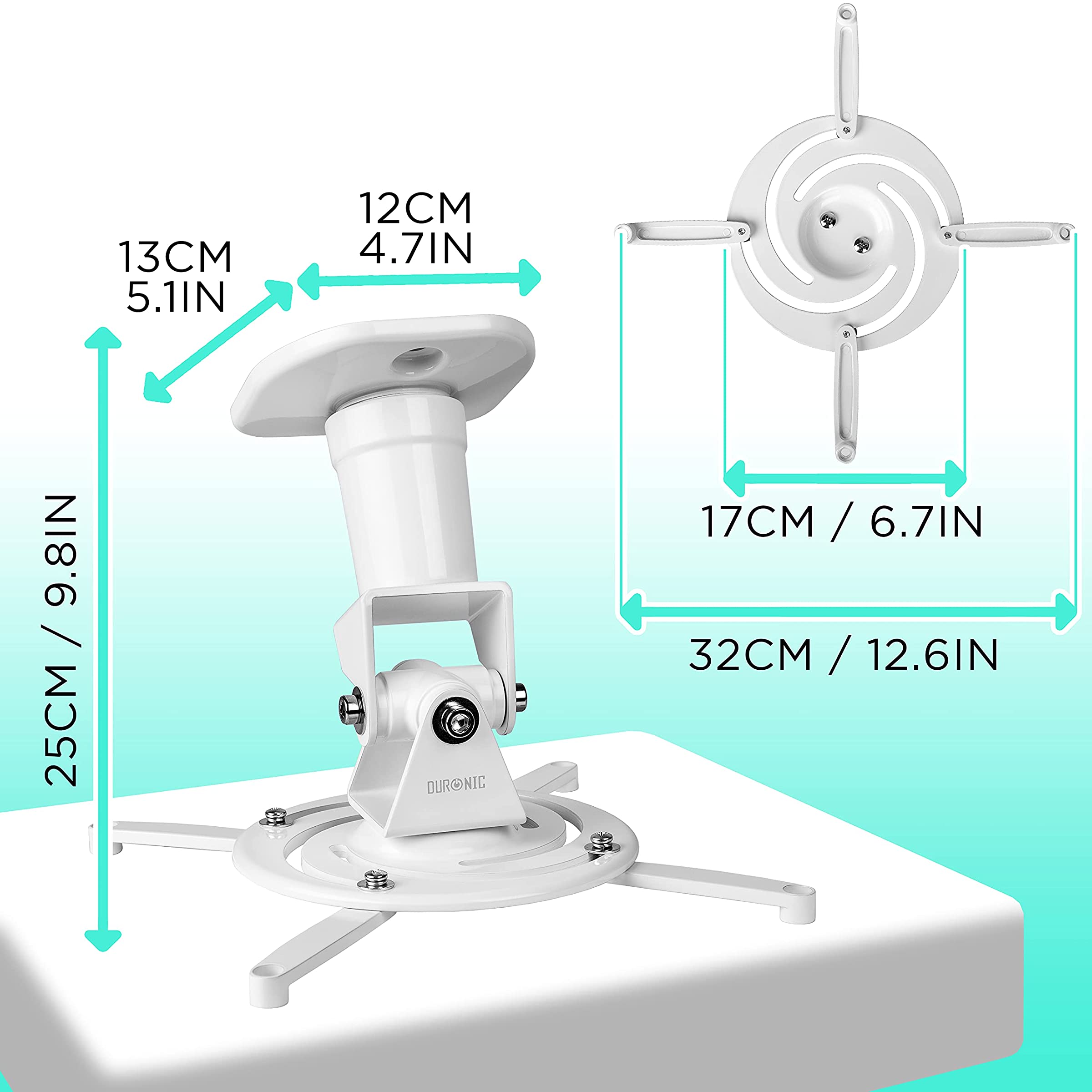 Duronic PB07XB Soporte para Proyector de Techo y Pared, Universal | Mostrando un diagrama técnico de dimensiones del soporte para proyector en color blanco sobre una superficie clara, indicando una altura total de 25 cm (9.8 in), dimensiones de la base de fijación de 13 x 12 cm (5.1 x 4.7 in) y un diámetro ajustable de los brazos de soporte de hasta 32 cm (12.6 in)