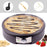 Duronic PM152 Crepera Eléctrica de 1500W 37cm diámetro y Placa Extraíble Recambiable | Mostrando la crepera eléctrica circular con una crepe caliente decorada con líneas de chocolate en su superficie, el panel de control frontal con perilla selectora de temperatura e indicadores luminosos, y tres círculos superiores con los accesorios incluidos: un cazo para masa, una espátula de madera y una T de madera para extender la masa