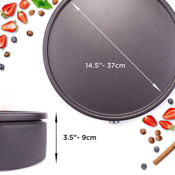 Duronic PM152 Crepera Eléctrica de 1500W 37cm diámetro y Placa Extraíble Recambiable | Mostrando un diagrama de dimensiones de la crepera eléctrica, que indica un diámetro de placa de 37 cm (14.5 pulgadas) y una altura total del aparato de 9 cm (3.5 pulgadas)