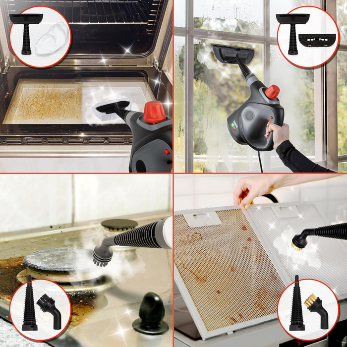Duronic SC32 BK Limpiador de Vapor de Mano Mostrando diversas aplicaciones de limpieza en el hogar, incluyendo el horno, ventanas, quemadores de estufa y filtros de campana extractora con sus respectivos accesorios