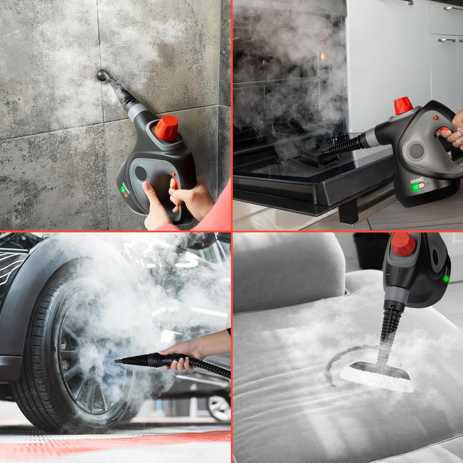 Duronic SC32 BK Limpiador de Vapor de Mano Mostrando el limpiador de vapor aplicado en paredes de azulejos, la limpieza profunda del interior de un horno, la llanta de un coche y la desinfección de un sofá