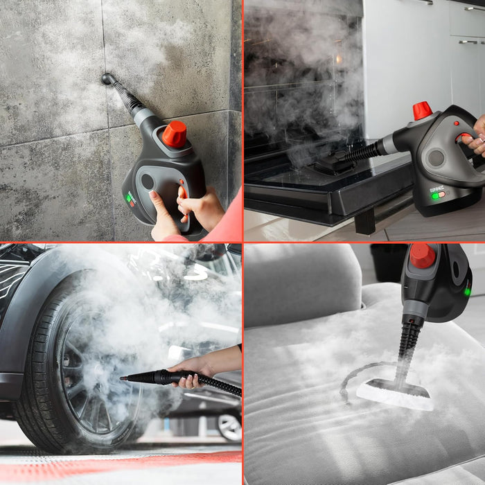 Duronic SC32 BK Limpiador de Vapor de Mano Mostrando el limpiador de vapor aplicado en paredes de azulejos, la limpieza profunda del interior de un horno, la llanta de un coche y la desinfección de un sofá