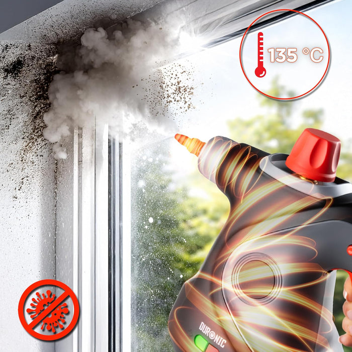 Duronic SC32 BK Limpiador de Vapor de Mano Mostrando el limpiador de vapor emitiendo vapor a una temperatura de 135 °C para eliminar la suciedad y desinfectar el marco de una ventana