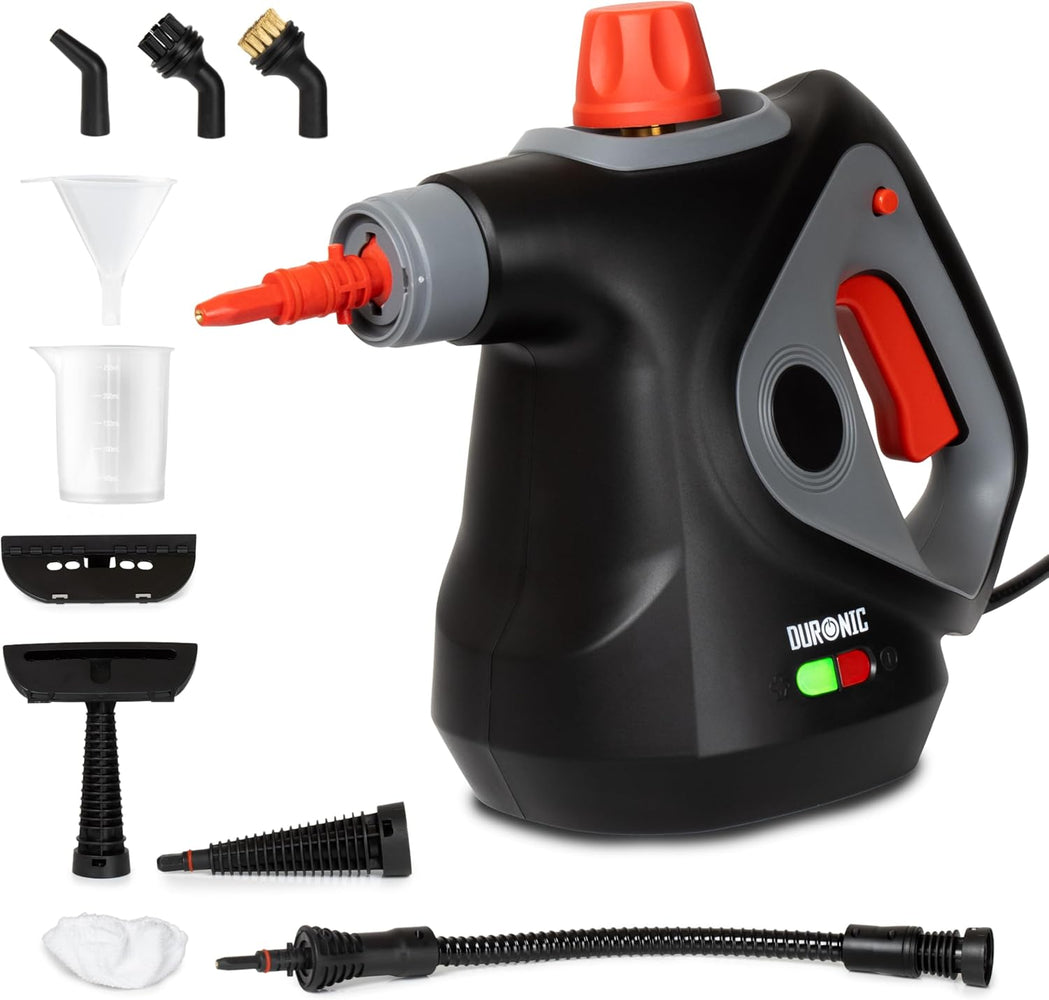Duronic SC32 BK Limpiador de Vapor de Mano Mostrando el limpiador de vapor portátil con su juego completo de accesorios que incluye boquillas, cepillos, embudo, vaso medidor y manguera de extensión
