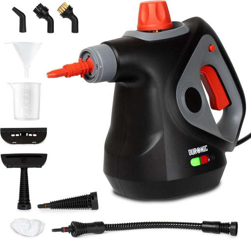Duronic SC32 BK Limpiador de Vapor de Mano Mostrando el limpiador de vapor portátil con su juego completo de accesorios que incluye boquillas, cepillos, embudo, vaso medidor y manguera de extensión