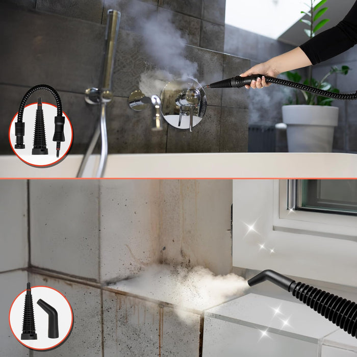 Duronic SC32 BK Limpiador de Vapor de Mano Mostrando el uso de la manguera flexible y boquillas para limpiar juntas de azulejos y grifería de baño de forma precisa