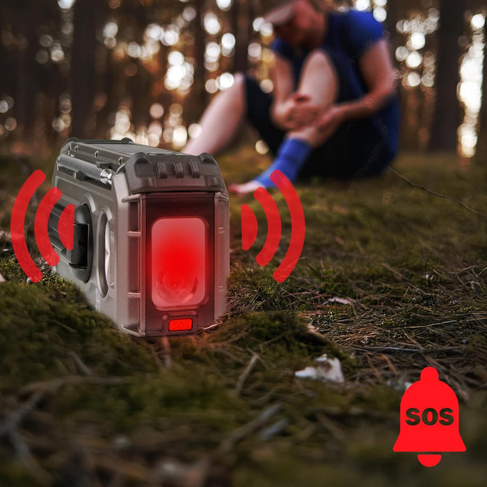 Duronic SDAB1 Radio Solar, Radio Emergencia Solar Dinamo, Radio Dinamo Mostrando la función de alarma y señal de socorro SOS con luz intermitente roja en una situación de emergencia en exteriores