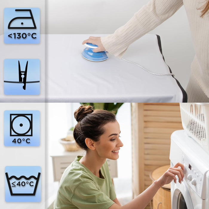 Duronic SFPS120 Pantalla de proyección de 120 Pulgadas Mostrando detalles de mantenimiento como planchado a baja temperatura y lavado del material de la pantalla 1