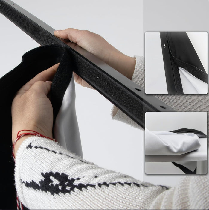 Duronic SFPS120 Pantalla de proyección de 120 Pulgadas Mostrando el montaje de la tela de proyección sobre el marco mediante bordes con velcro