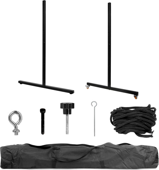 Duronic SFPS Parts Juego de Accesorios para Pantallas de proyección Mostrando el kit completo con trípode, ganchos, tornillos, cuerda y bolsa de transporte negra
