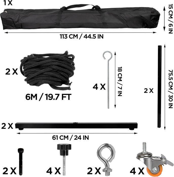 Duronic SFPS Parts Juego de Accesorios para Pantallas de proyección Mostrando las medidas detalladas de los componentes, cuerdas de 6M y una bolsa de transporte de 113 cm