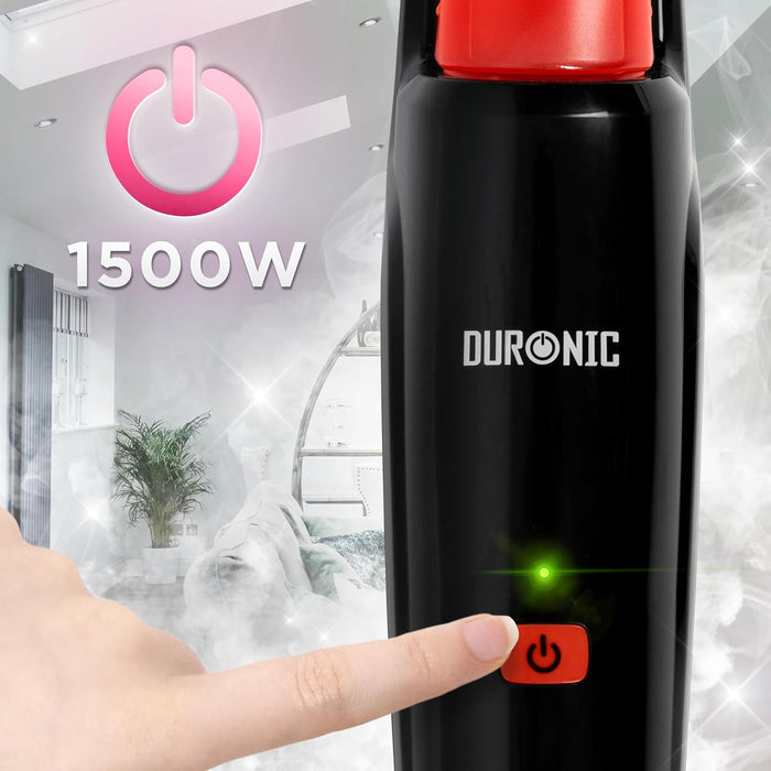 Duronic STM15 BK Mopa de Limpieza a Vapor Mostrando el botón de encendido de la mopa y destacando su potencia de 1500 W