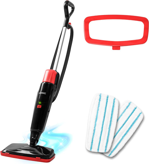 Duronic STM15 BK Mopa de Limpieza a Vapor Mostrando la mopa a vapor vertical en color negro y rojo junto con el accesorio deslizador para alfombras y dos paños de microfibra lavables