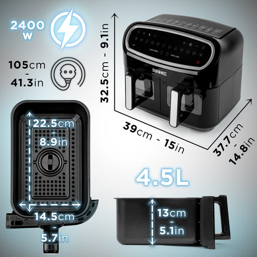 Duronic AF24 Freidora de aire sin aceite 2400 W | Air Fryer 2 cestas de 5L con ventanas | Airfryer 10 en 1 | 10 programas y 10 L | Pantalla táctil | Cestas antiadherentes | Fácil de limpiar | 50-200º