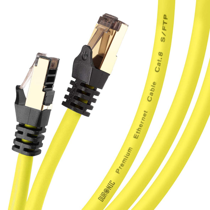 Duronic YW 1M CAT8 Cable de ethernet|Trenzado de los Pares Interno Y Conectores RJ45|Ancho de Banda de hasta 2GHz/2000MHz|Color Amarillo y Acabado Oro