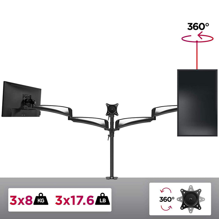 Duronic DM453 Soporte triple de escritorio para monitores de entre 15 a 27" | Capacidad 8kg por pantalla |Acero sólido, brazos articulables en aluminio| VESA 75/100 | Inclinable, ajustable, giratorio