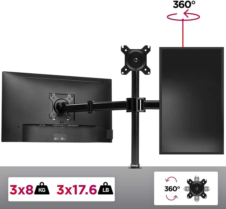 Duronic DM253 Soporte para 3 monitores de 13" a 27" pulgadas 8Kg máx - Altura ajustable, giratorio, inclinable - Brazo Extensible – Soporte para Ordenador, TV LED, LCD