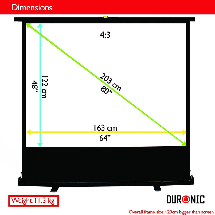 Duronic FPS80 /43 Pantalla de Proyección 60" con Pie de Apoyo para Proyector 4K Full HD 3D Formato 4:3 (163 cm X 122 cm)